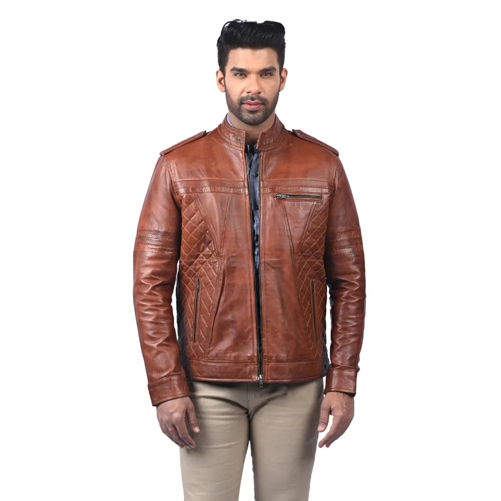 Men’s Brown Real Leather Cross Panel Jacket