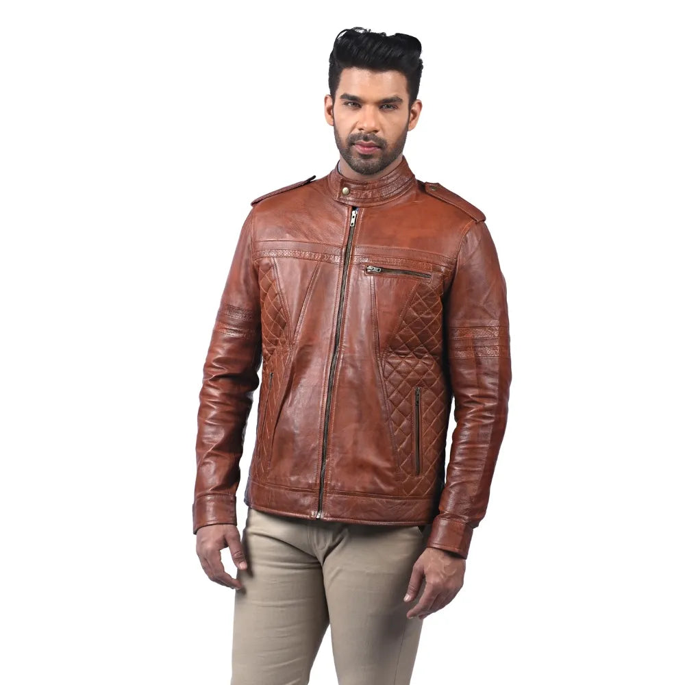 Men’s Brown Real Leather Cross Panel Jacket