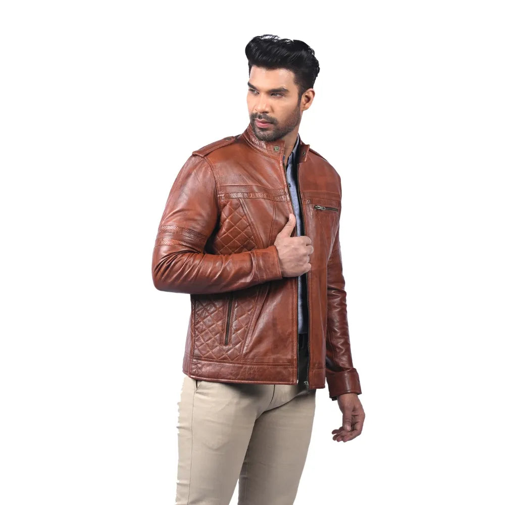Men’s Brown Real Leather Cross Panel Jacket