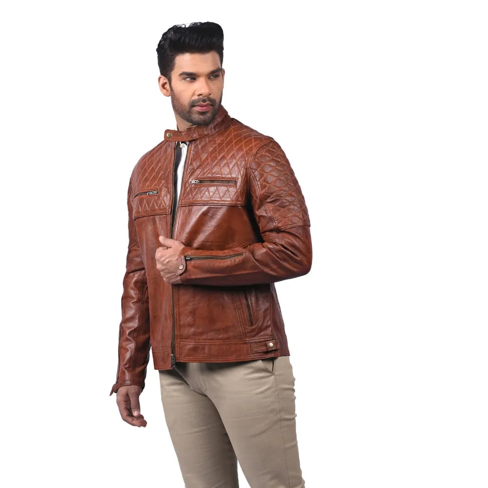 Men’s Brown Real Leather Diamond Panel Jacket