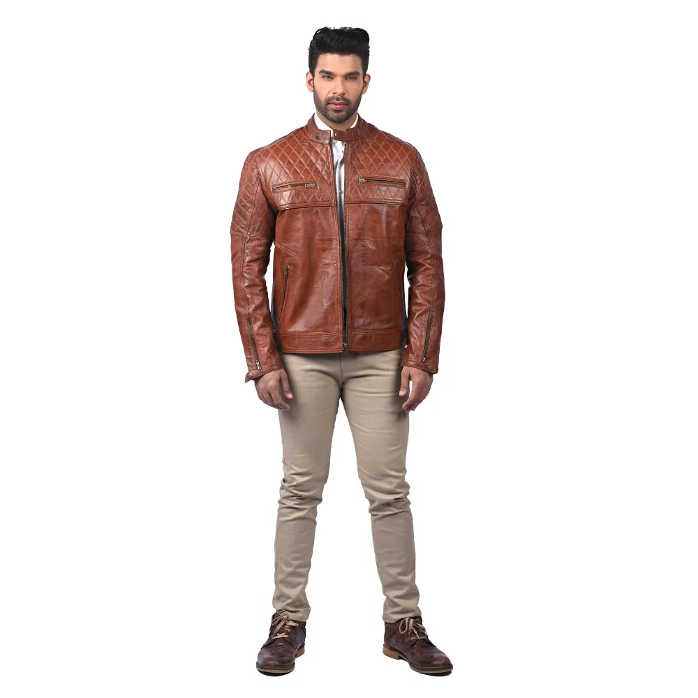 Men’s Brown Real Leather Diamond Panel Jacket