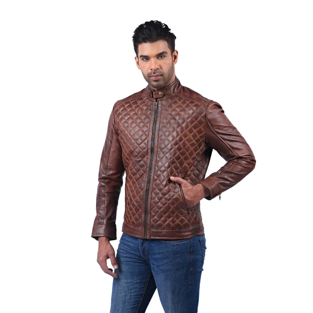 Men’s Brown Real Leather Diamond Quilted Zip Jacket