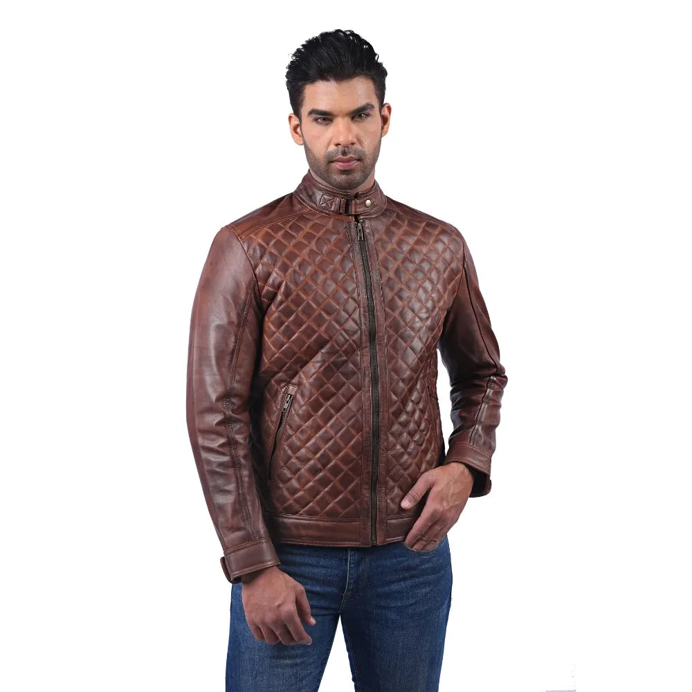 Men’s Brown Real Leather Diamond Quilted Zip Jacket