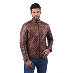 Men’s Brown Real Leather Diamond Quilted Zip Jacket