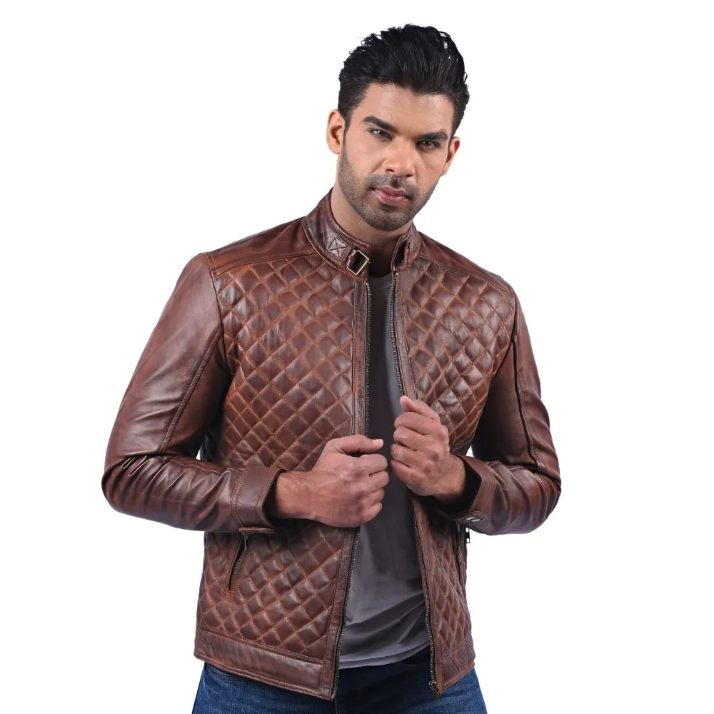 Men’s Brown Real Leather Diamond Quilted Zip Jacket