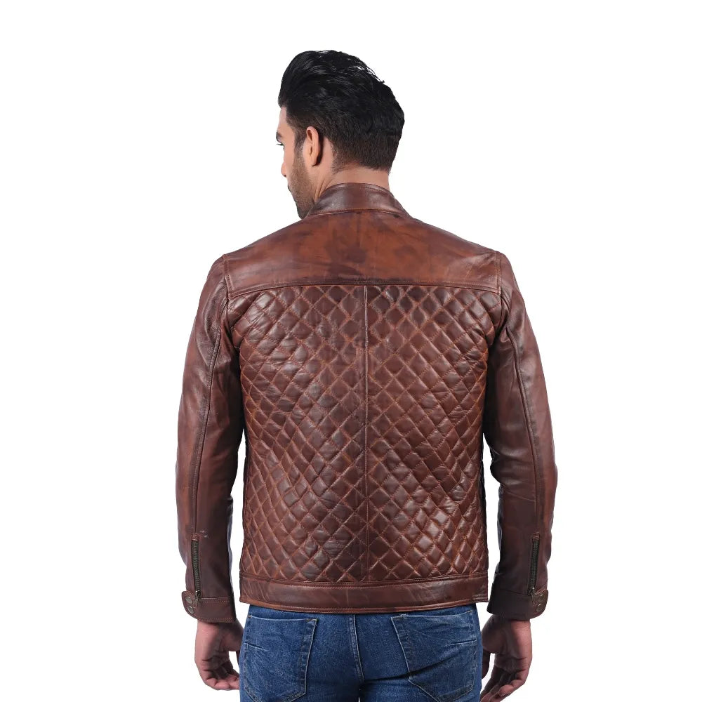 Men’s Brown Real Leather Diamond Quilted Zip Jacket