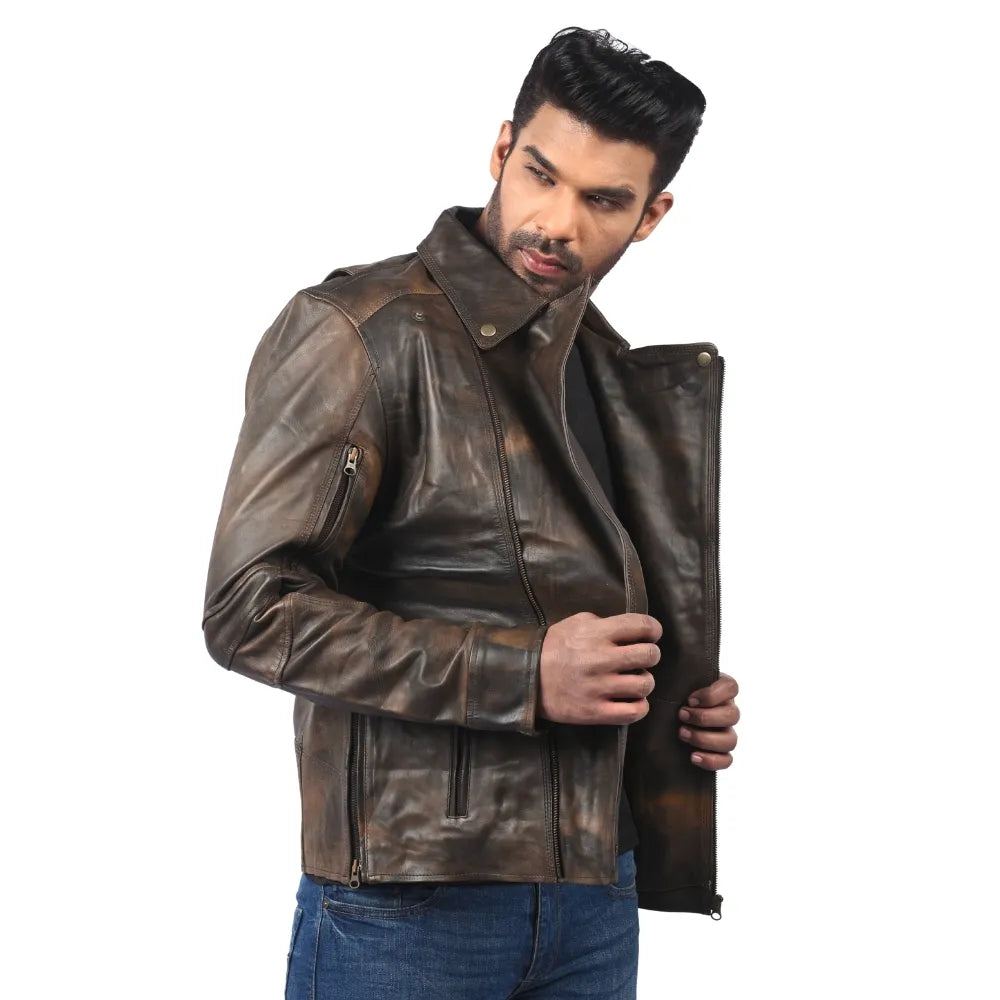 Men’s Brown Real Leather Front Zip Jacket