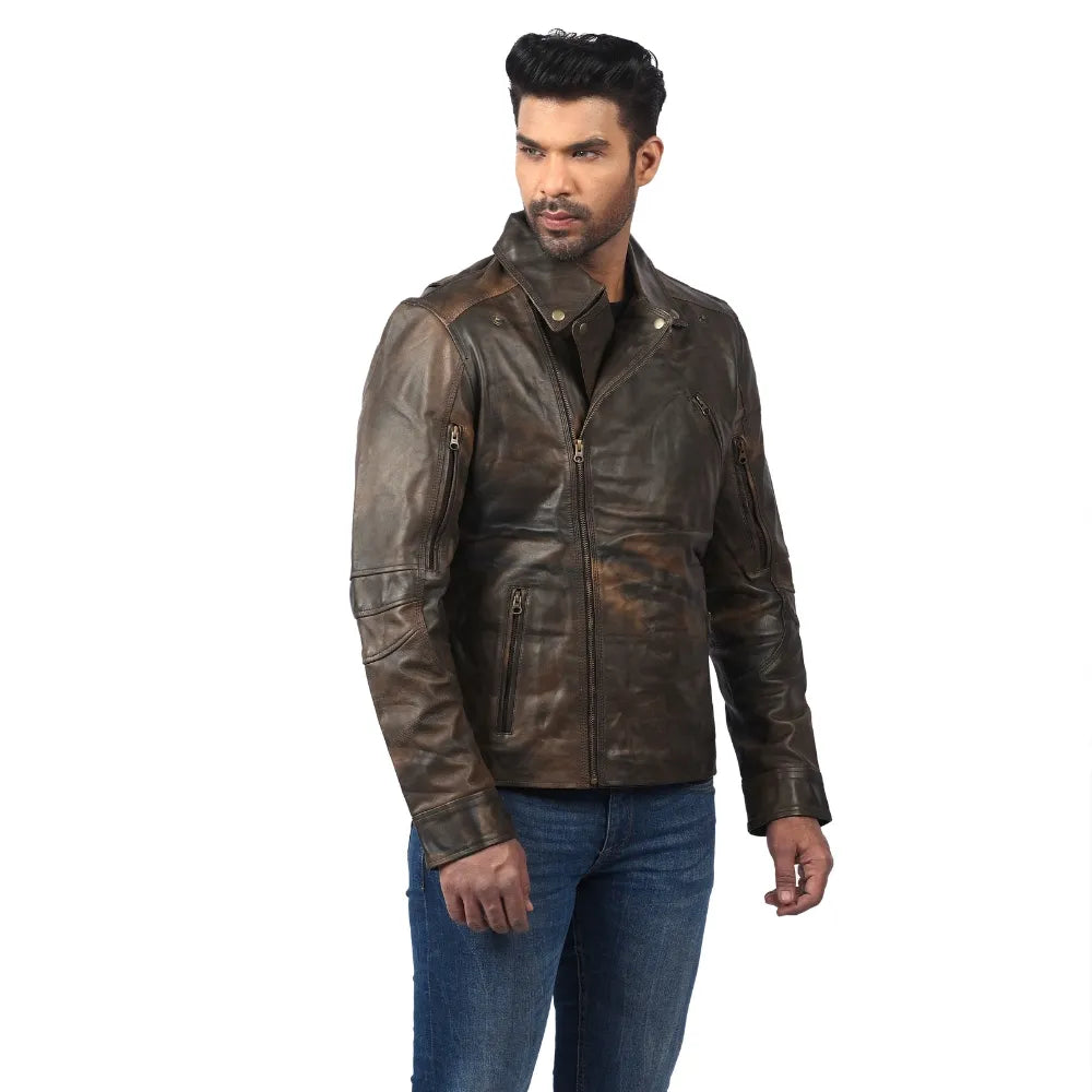 Men’s Brown Real Leather Front Zip Jacket
