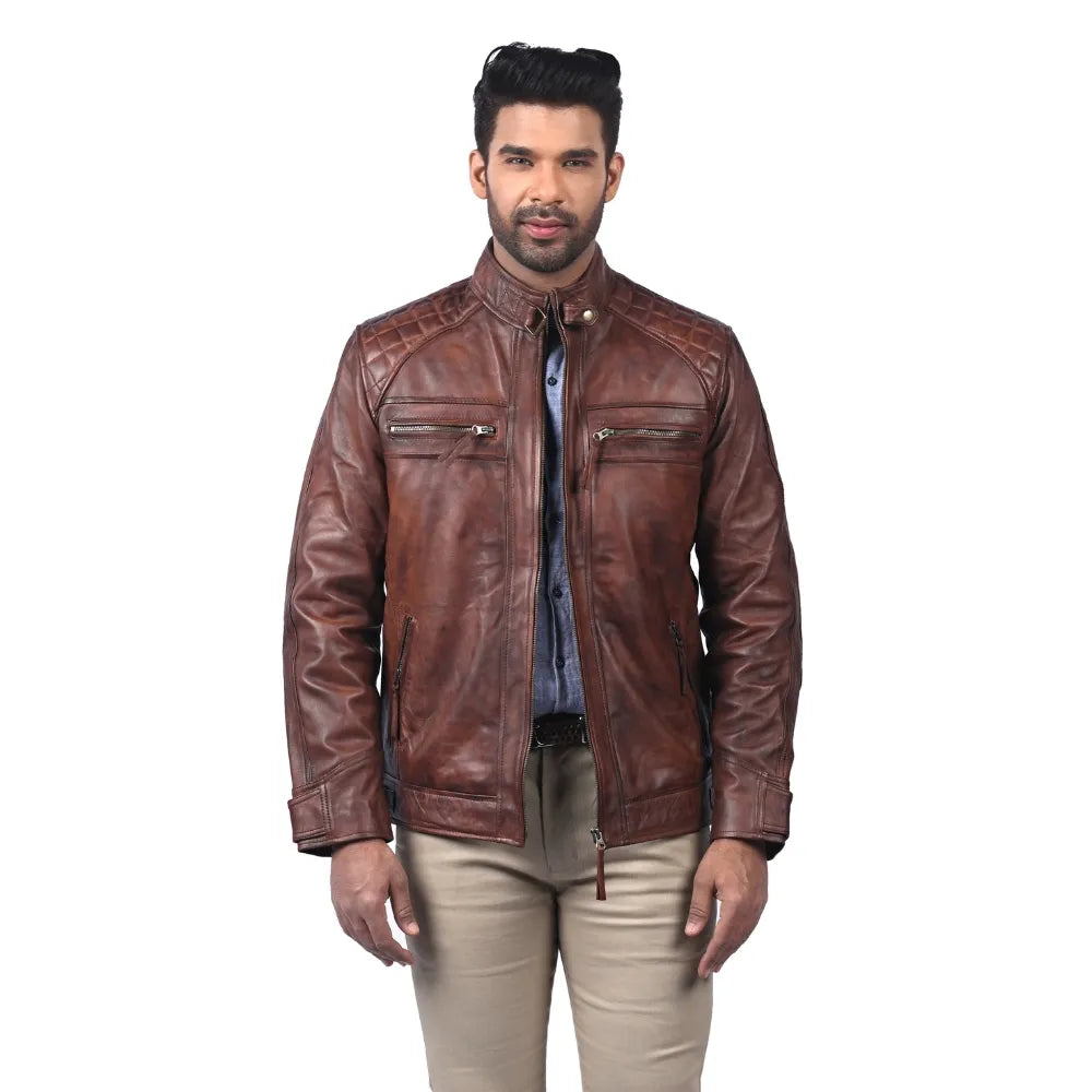 Men’s Brown Real Leather Quilted Shoulder Jacket