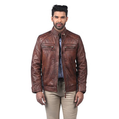 Men’s Brown Real Leather Quilted Shoulder Jacket