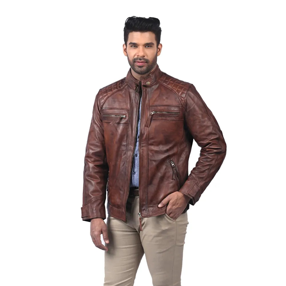 Men’s Brown Real Leather Quilted Shoulder Jacket