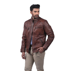 Men’s Brown Real Leather Quilted Shoulder Jacket