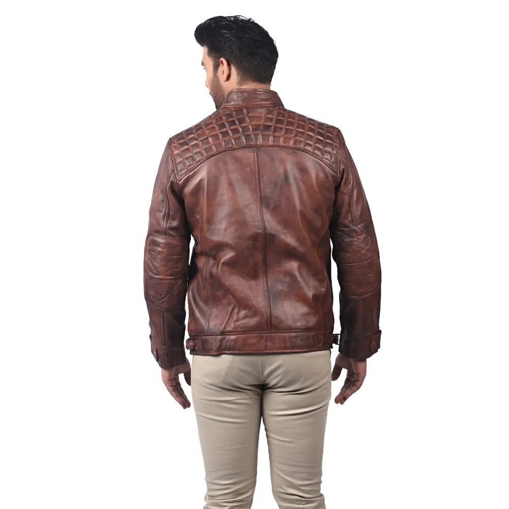 Men’s Brown Real Leather Quilted Shoulder Jacket