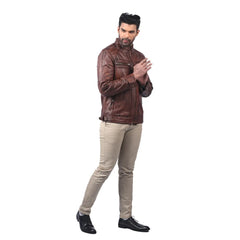 Men’s Brown Real Leather Quilted Shoulder Jacket