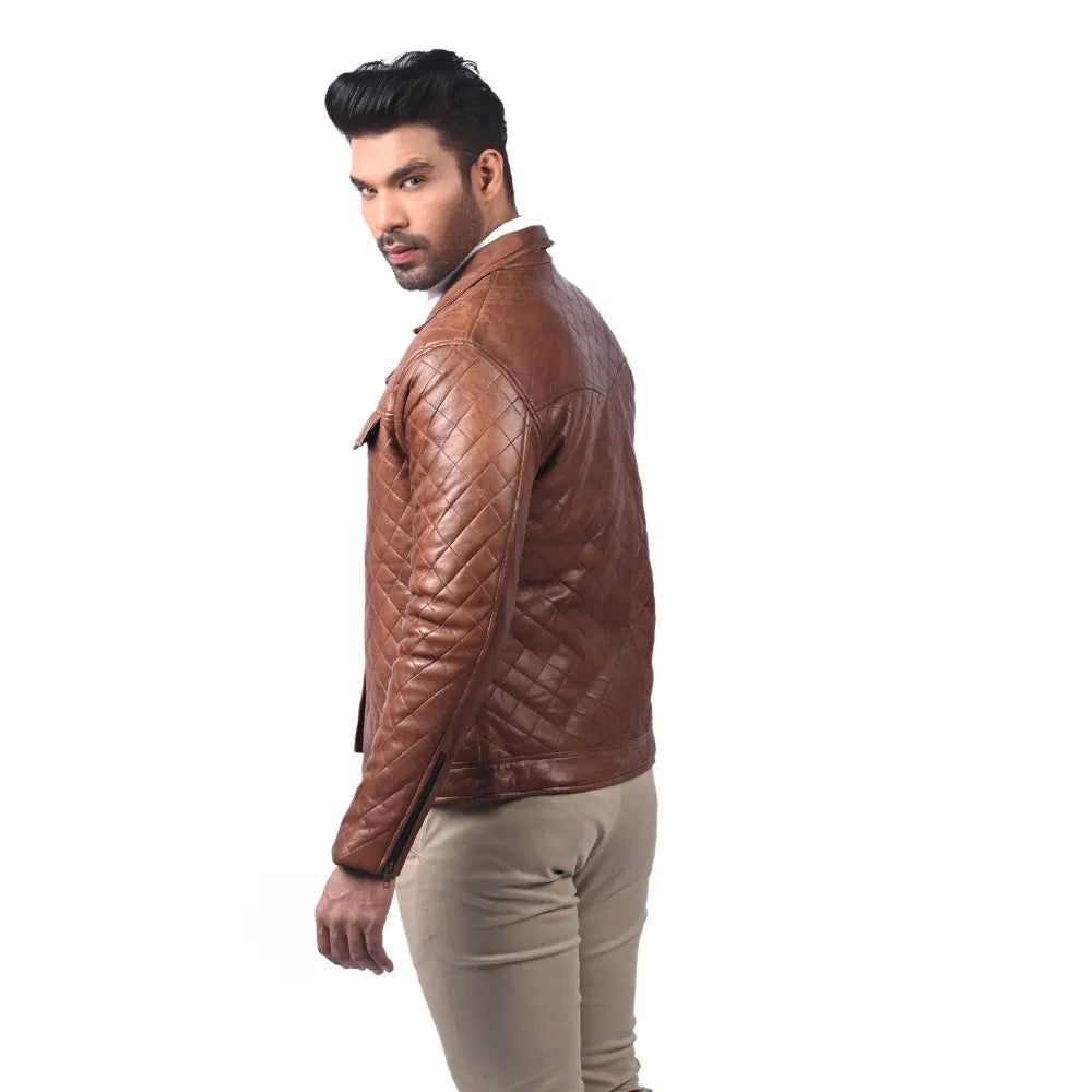 Men’s Brown Real Leather Quilted Zip Jacket