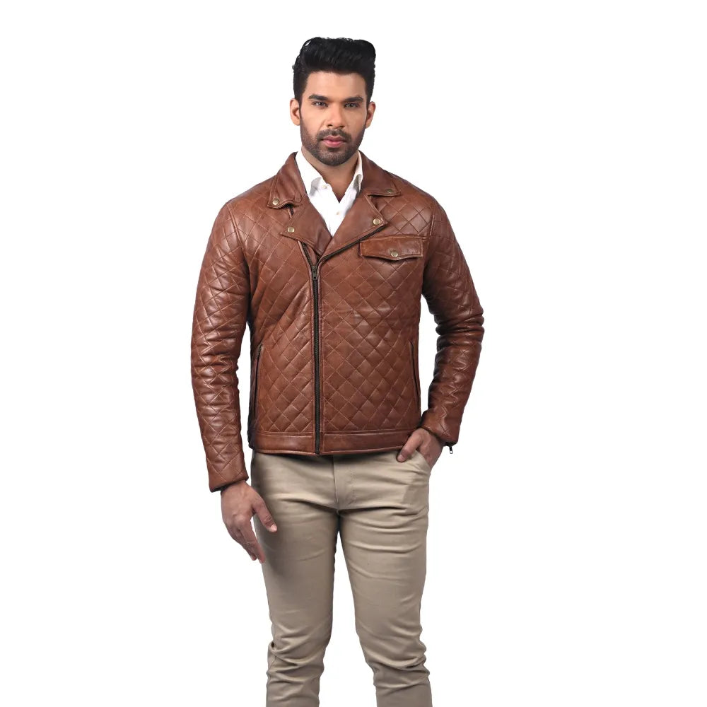 Men’s Brown Real Leather Quilted Zip Jacket