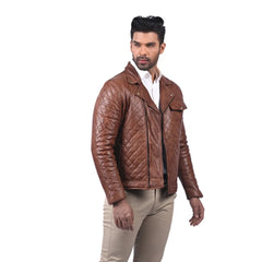Men’s Brown Real Leather Quilted Zip Jacket