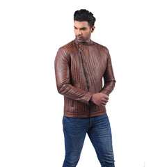 Men’s Brown Real Leather Rib Panel Zip Jacket