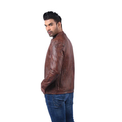 Men’s Brown Real Leather Rib Panel Zip Jacket