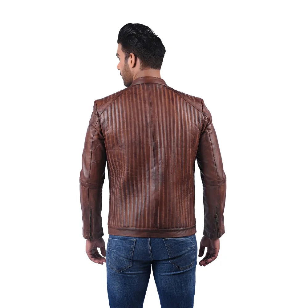 Men’s Brown Real Leather Rib Panel Zip Jacket