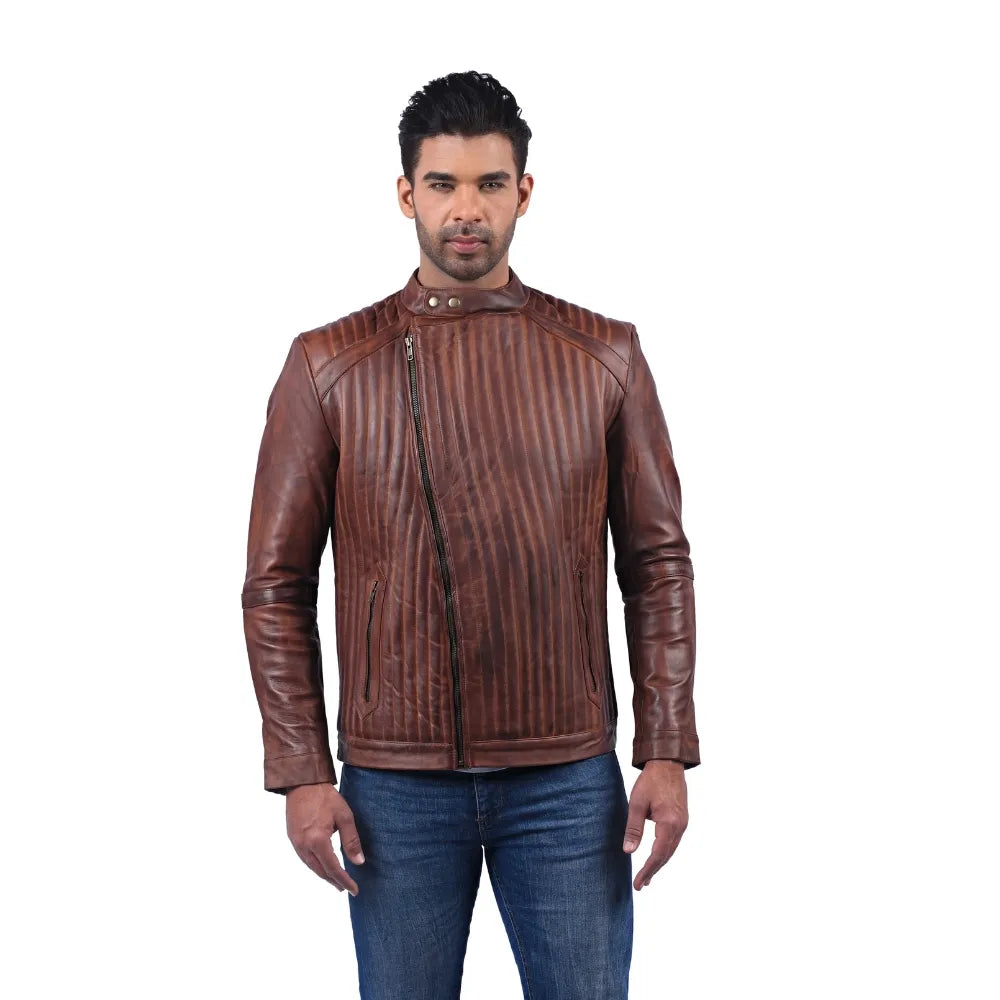 Men’s Brown Real Leather Rib Panel Zip Jacket