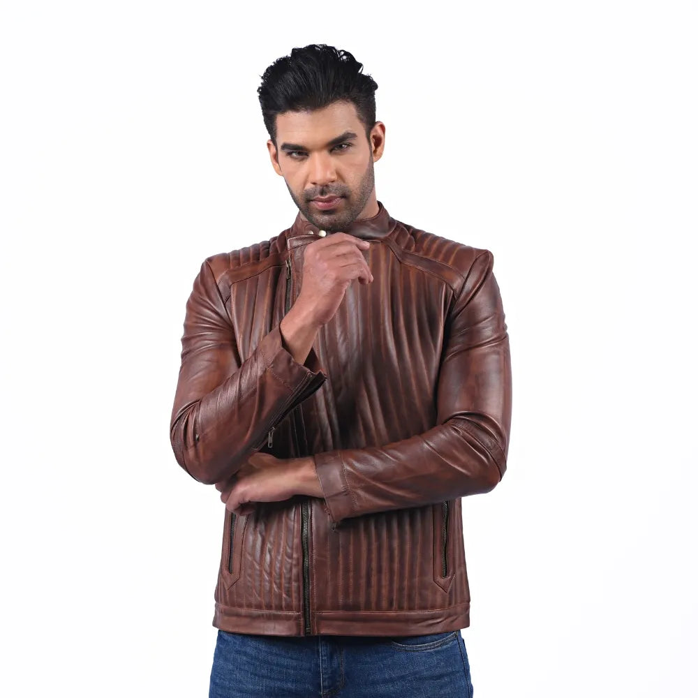 Men’s Brown Real Leather Rib Panel Zip Jacket