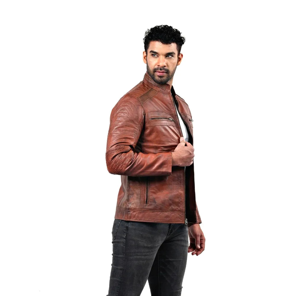 Men’s Brown Real Leather Ribbed Panel Jacket