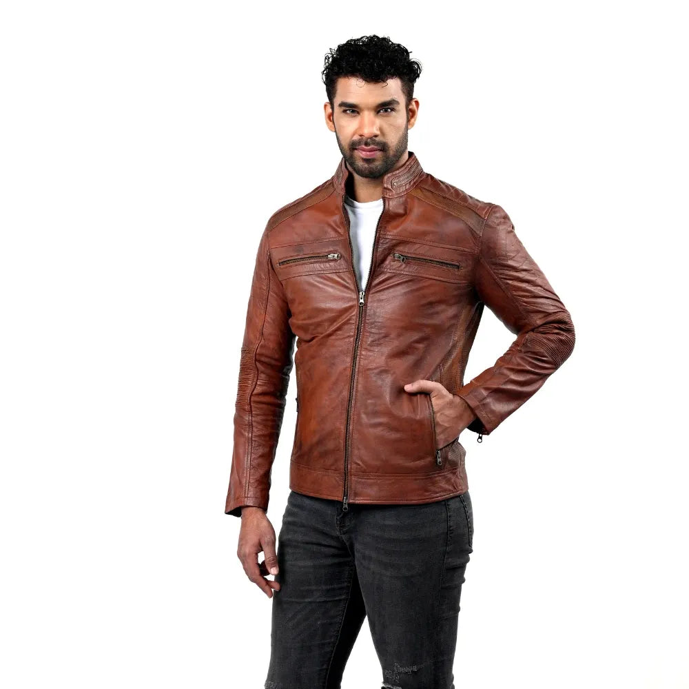 Men’s Brown Real Leather Ribbed Panel Jacket