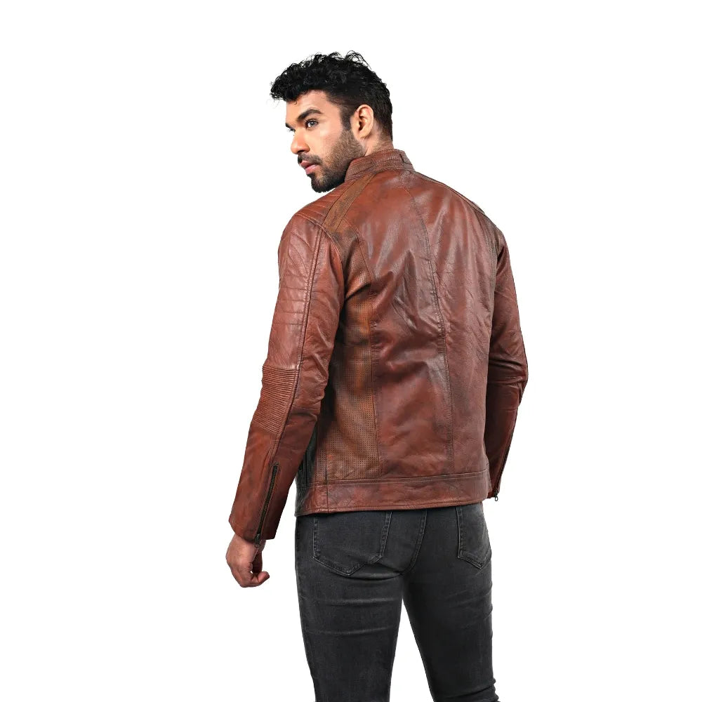Men’s Brown Real Leather Ribbed Panel Jacket