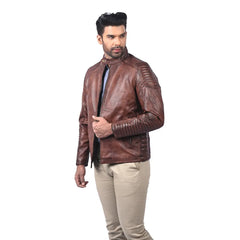 Men’s Brown Real Leather Quilted Sleeve Zip Jacket
