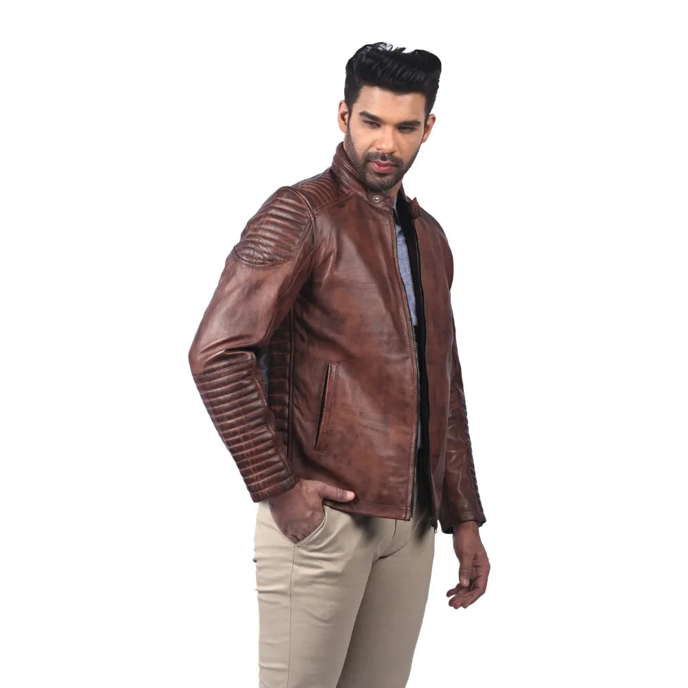 Men’s Brown Real Leather Quilted Sleeve Zip Jacket