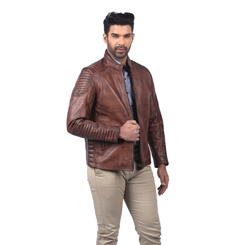 Men’s Brown Real Leather Quilted Sleeve Zip Jacket