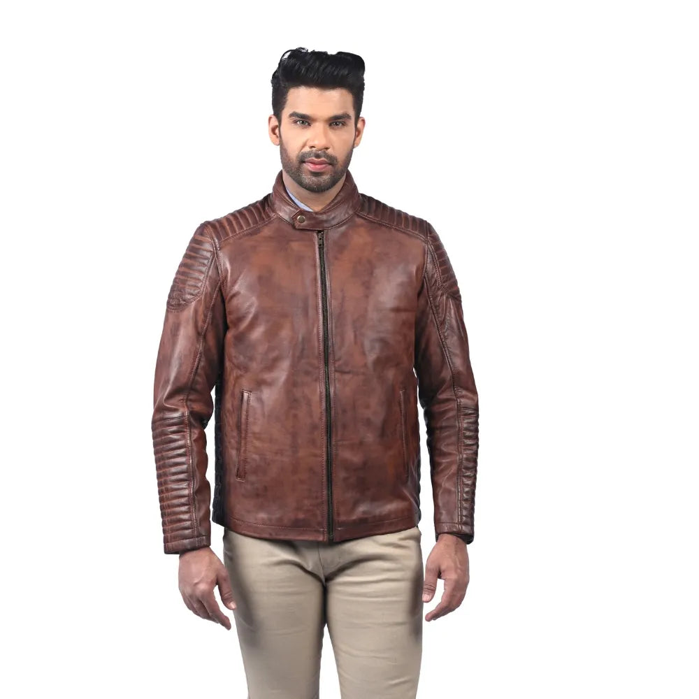 Men’s Brown Real Leather Quilted Sleeve Zip Jacket