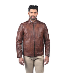Men’s Brown Real Leather Quilted Sleeve Zip Jacket