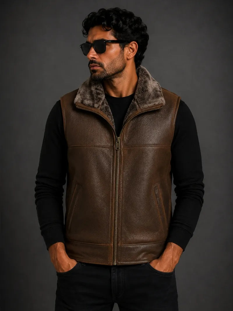 Men's Brown Shearling-Lined Leather Vest