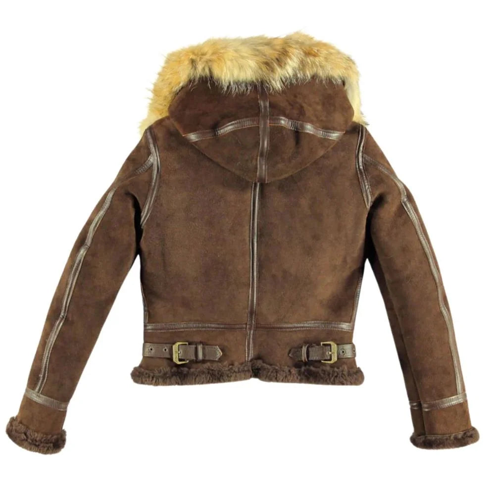 Men's Brown Shearling Flying Jacket with Fur Hood