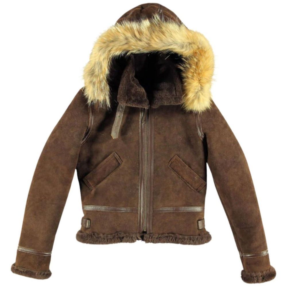 Men's Brown Shearling Aviator Jacket with Fur Hood