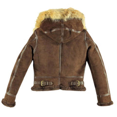 Men's Brown Shearling Flying Jacket with Fur Hood