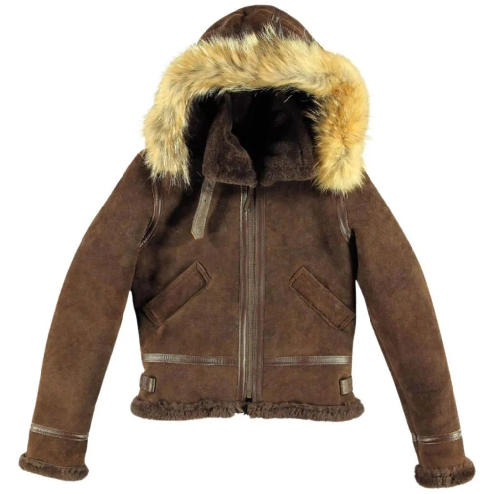 Men's Brown Shearling Flying Jacket with Fur Hood