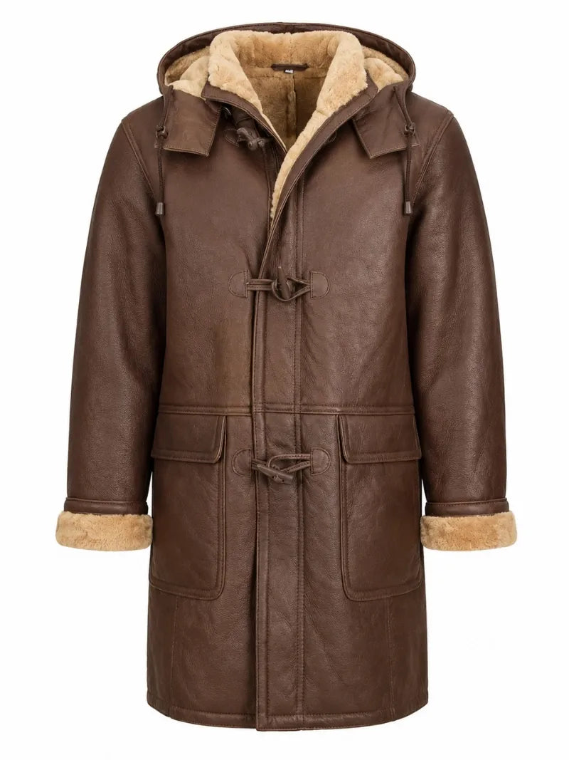 Men’s Brown Shearling Hooded Duffle Coat