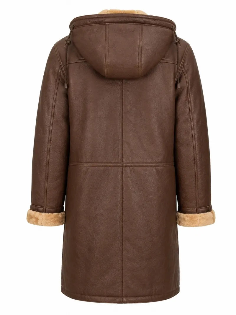 Men’s Brown Shearling Hooded Duffle Coat