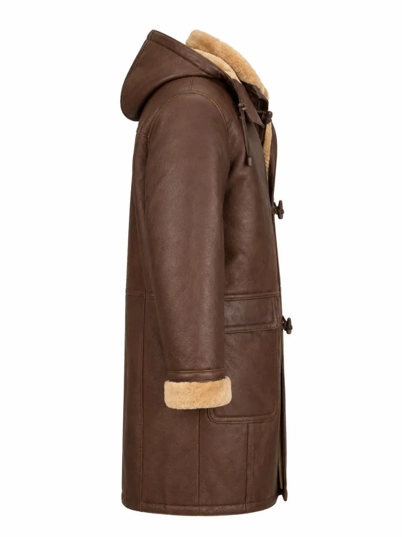 Men’s Brown Shearling Hooded Duffle Coat