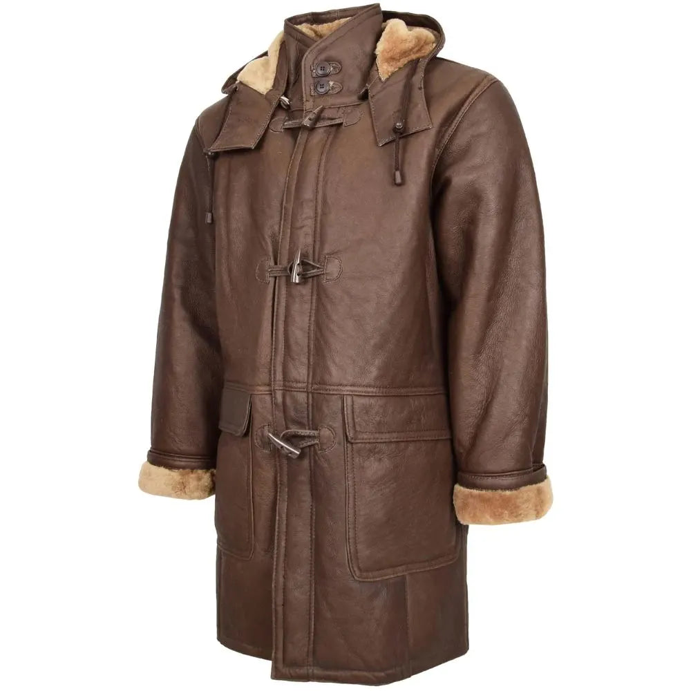 Men’s Brown Shearling Hooded Duffle Coat