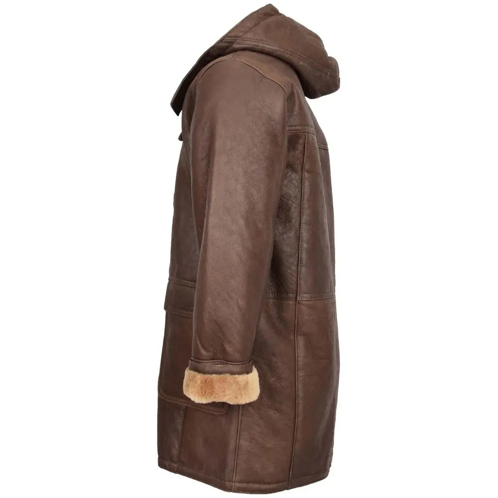 Men’s Brown Shearling Hooded Duffle Coat
