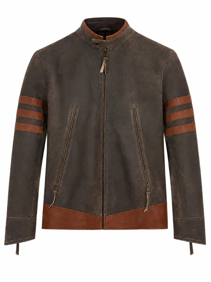 Men’s Brown Stripe Sleeve Leather Jacket Front 