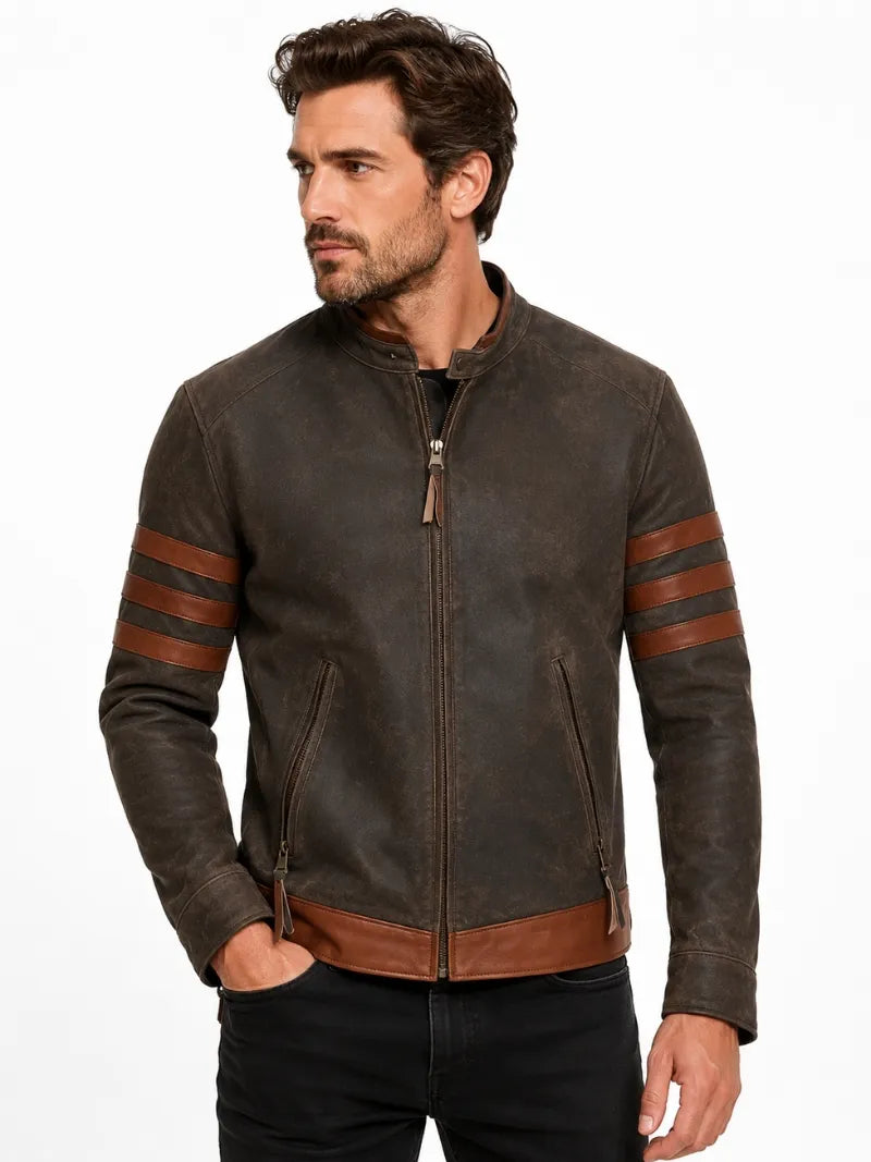 Men’s Brown Stripe Sleeve Leather Jacket Full 
