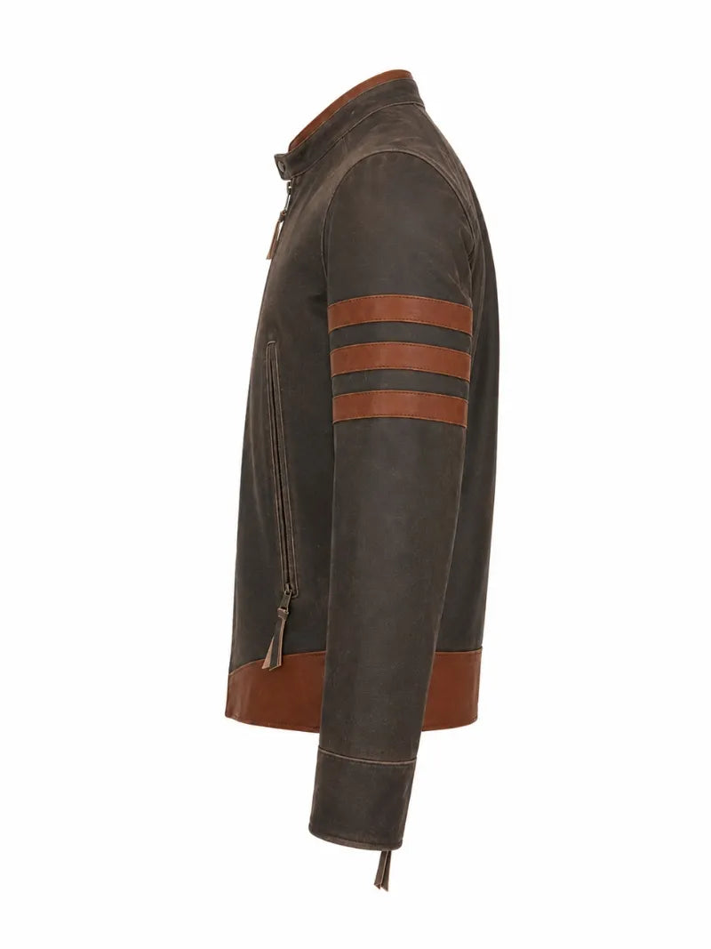 Men’s Brown Stripe Sleeve Leather Jacket Left 