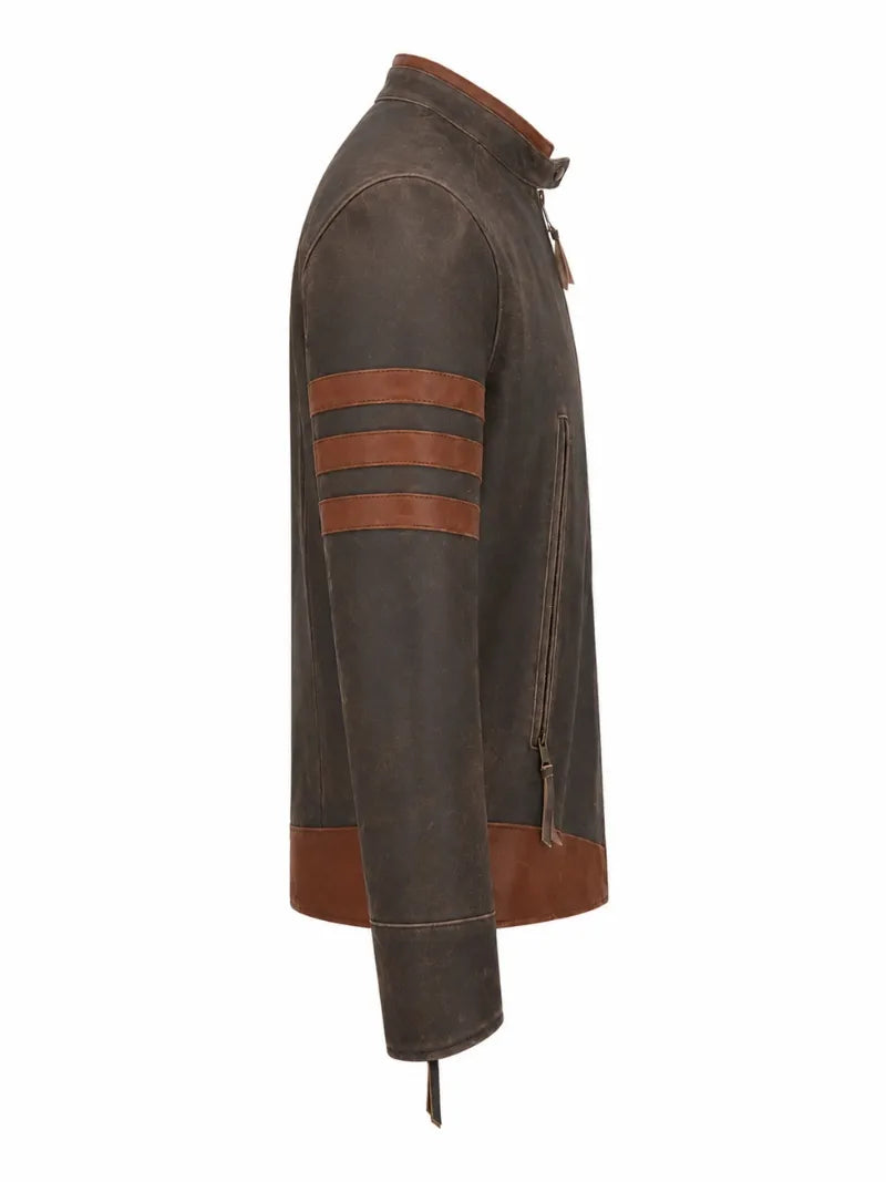 Men’s Brown Stripe Sleeve Leather Jacket Right 