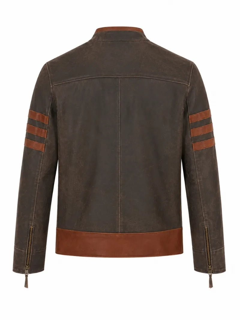 Men’s Brown Stripe Sleeve Leather Jacket Back 