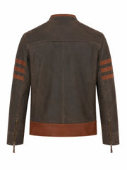 Men’s Brown Stripe Sleeve Leather Jacket Back 